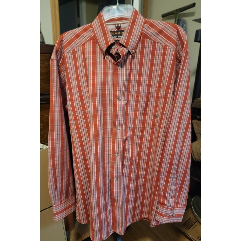 Ariat Pro Series Mens Plaid Long Sleeve Button Up Burnt Orange Gray White Medium